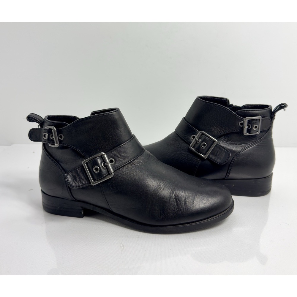 Vionic Logan Ankle Boot Women 7.5 Black Leather Side Zip Silver Buckle Moto - Picture 2 of 9